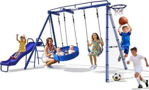 Juego de columpios para exteriores con tobogán, aro de baloncesto y portería de fútbol, marco de metal azul, juego multiactividad para niños