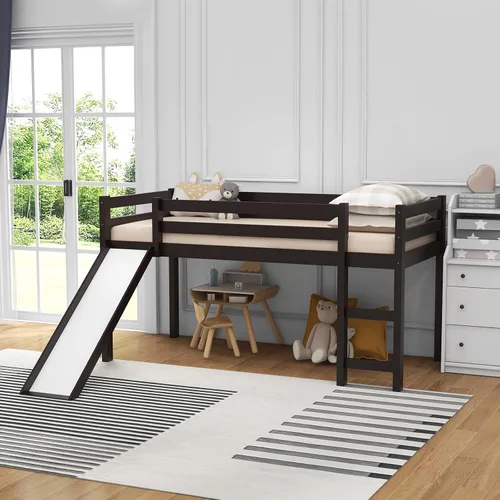 Miniatura 7 de Giantex Cama alta individual con tobogán, cama baja de madera para niños, escalera de escalada y espacio de almacenamiento, cama individual