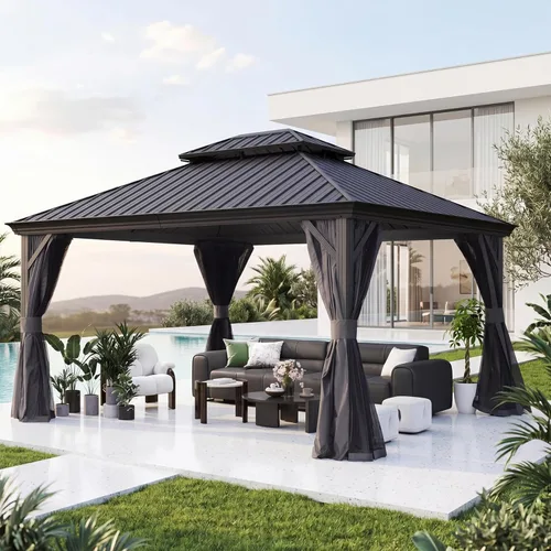 Miniatura 34 de Domi - Cenador permanente de metal con techo rígido de 8 x 8 pies, con doble techo de acero galvanizado, cortinas y malla para fiestas, bodas, Gris