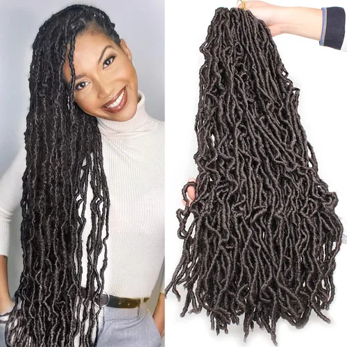 Miniatura 28 de Leeven - 6 paquetes de 21 mechones de cabello largo trenzado para mujer, trenzas de ganchillo sintético de cabello rizado desordenado estilo Rastas