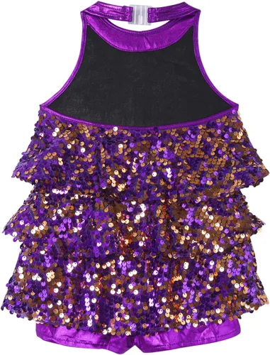 Miniatura 2 de Freebily Vestido de ballet con lentejuelas brillantes para niñas y niñas, cuello halter, falda de leotardo corto de jazz, hip hop, disfraz de danza