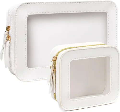 Miniatura 7 de Paquete de 2 bolsas de maquillaje transparentes para viaje, neceser aprobado por la TSA con cremallera, pequeñas bolsas de maquillaje para mujeres