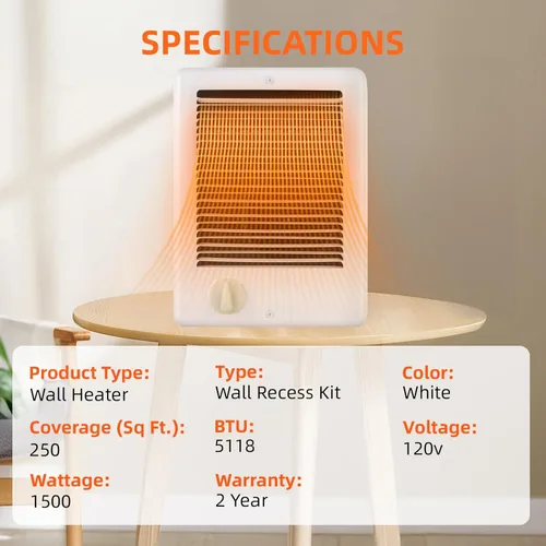 Miniatura 3 de Calentador de pared eléctrico mejorado con termostato (modelo: CSC151TW, Parte: 67509), 5120 BTU, 120 voltios, 1500 vatios, blanco