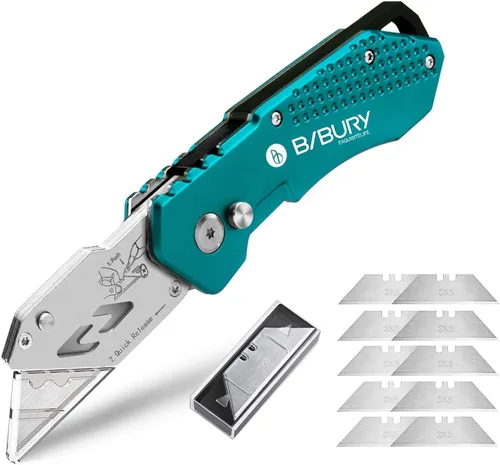 BIBURY Cuchillo utilitario, cortador de caja plegable resistente, cuchillo cortador de alfombra de bolsillo con 10 cuchillas adicionales de acero