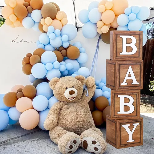 Miniatura 3 de Cajas de baby shower para decoraciones de cumpleaños – 4 cajas de globos de bebé de grano de madera marrón, cajas de bebé para decoración de centro