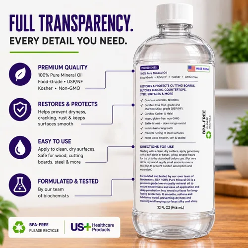 Miniatura 9 de US+ Aceite mineral 100% puro de 32 onzas, aceite para tablas de cortar, grado alimenticio, USP, restaura y protege tablas de cortar, bloques