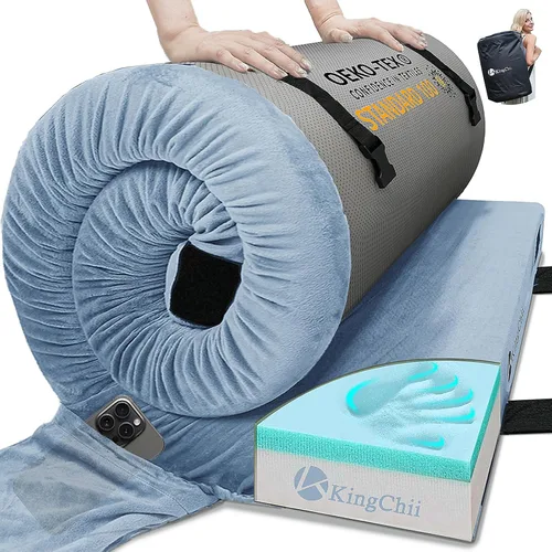 KingChii CertiPUR-US - Colchón de espuma viscoelástica para campamento, portátil, enrollable, para viajes, campamento, colchoneta para dormir y