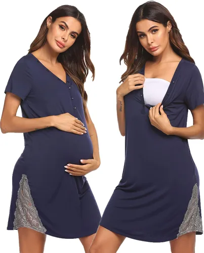 Ekouaer Camisón de lactancia, vestido de hospital de maternidad con botones para lactancia materna, camisón de trabajo con ribete de encaje