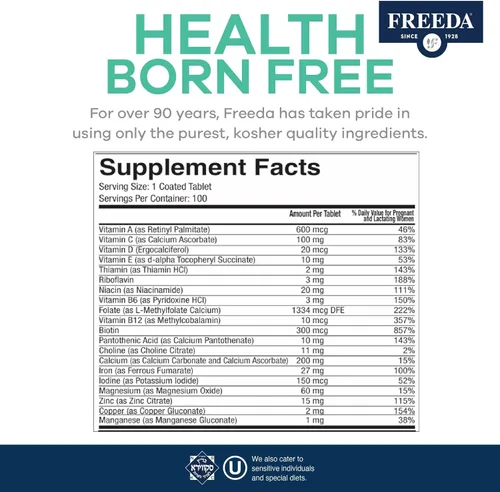 Miniatura 3 de FREEDA Vitamina prenatal - Kosher prenatal con hierro, metilfolato (ácido fólico biodisponible), colina y vitamina D - Un multivitamínico diario