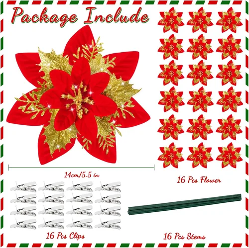 Miniatura 2 de 16 decoraciones artificiales de flor de pascua con purpurina de oro rojo – adornos de Navidad de flor de pascua roja y decoración de árbol
