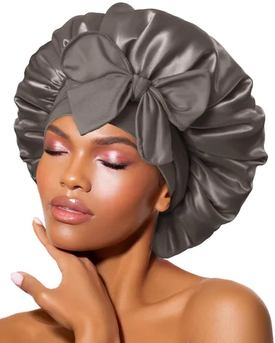 Miniatura 27 de Gorro de satén de seda para dormir con banda ancha para cabello rizado, color rosado oro rosa claro