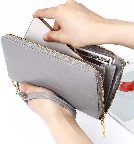 Miniatura 6 de Badiya Cartera para mujer, con bloqueo RFID, de cuero, con cremallera, de gran capacidad, para tarjetas de crédito, bolso largo, Gris