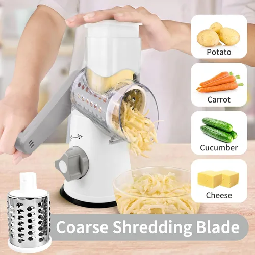 Miniatura 2 de Rallador de queso giratorio, triturador manual de queso con 3 cuchillas intercambiables, rallador de queso con manivela de mano con base de succión