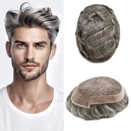 Miniatura 26 de Toupee Hair System For Men Real Human Hair Swiss Lace Mens Toupee Men Hair Replacement System Natural Hairline Mens Hairpieces 6X8"-80% light