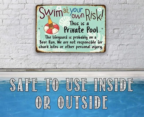 Miniatura 9 de Cartel de piscina – Arte de pared de metal «Swim at Your Own Risk» – Decoración duradera de piscina al aire libre para terraza, patio o patio