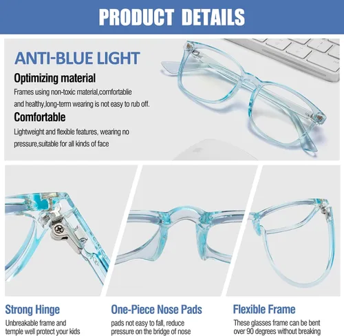 Miniatura 3 de DUCO K028 - Lentes de luz azul para niños y niñas, para juegos de computadora, antirrayos UV, para niños de 6 a 10 años Azul traslúcido