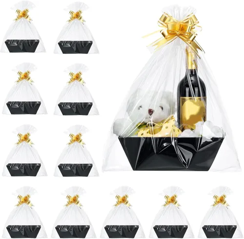 Miniatura 11 de Thenshop 44 Piezas Canasta para Regalos Canasta de Regalo Vacía a Granel Incluye 12 Bandejas de Cartón 12 Bolsas de Plástico y 20 Lazos Decorativos