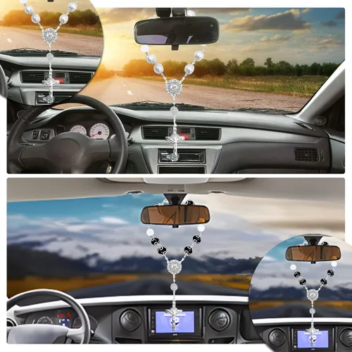Miniatura 5 de 2 accesorios para colgar en el espejo del automóvil, rosario de automóvil con rosario de bendición de cruz, cuentas católicas para mujeres