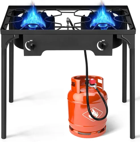 Karl home Estufa de gas propano de 2 quemadores para cocinar al aire libre, cocina de campamento de 225,000 BTU con patas extraíbles y regulador PSI