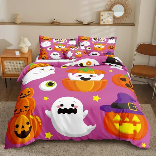 Miniatura 38 de Juego de funda de edredón de calabaza para Halloween, divertido diseño de calabaza malvada, color negro, juego de ropa de cama Tiwn 1 funda