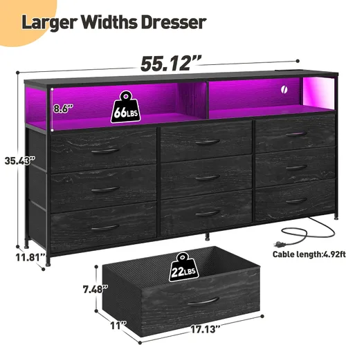 Miniatura 3 de Cómoda negra de 55 pulgadas de ancho para dormitorio con estación de carga y luz LED, soporte de TV de 65/55/50 pulgadas con 9 cajones de tela