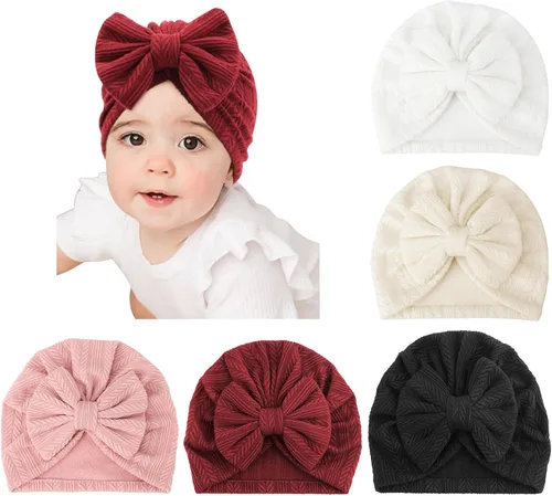 Miniatura 8 de DRESHOW BQUBO 5 Pieces Newborn Baby Turban Hats Bow Baby Infant Beanie Breathable Toddler Cap for Baby Girls