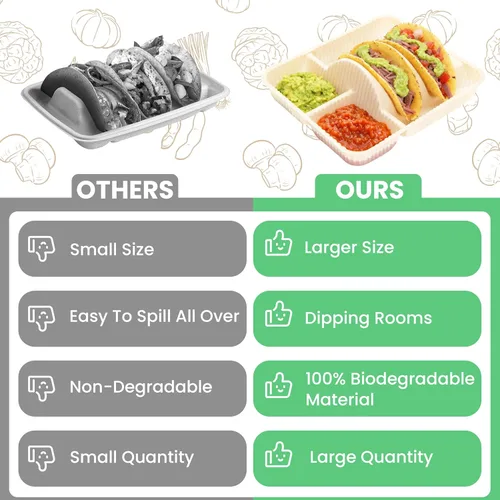 Miniatura 6 de Soportes desechables para tacos de 2 compartimentos para 2 tacos y 2 lados, borde elevado extra profundo, almidón de maíz biodegradable, apto