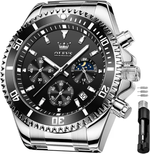 Miniatura 11 de OLEVS Relojes impermeables para hombre, de acero inoxidable, con cronógrafo, de lujo, color blanco, luminoso, de gran cara, analógico, de cuarzo
