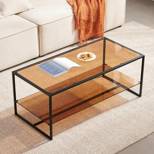 Miniatura 11 de Shrine - Mesa de café rectangular, diseño moderno de mediados de siglo, estructura de 2 niveles, parte superior de vidrio ámbar y estante de MDF