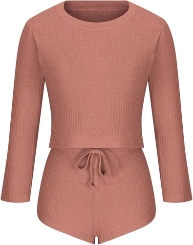 Miniatura 3 de lcziwo Womens Leisure Waffle Suit Sets Summer Relaxed Long Sleeve Crewneck Top Loose Drawstring Shorts Home Wear