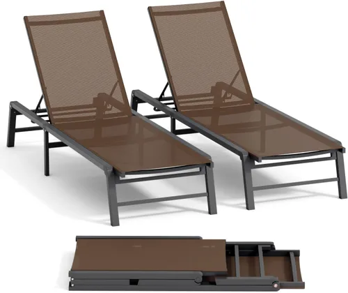 Miniatura 18 de Tumbona de aluminio para exteriores, silla plegable para patio, 2 juegos, sin montaje, sillas de piscina con 5 respaldos ajustables, sillas de salón
