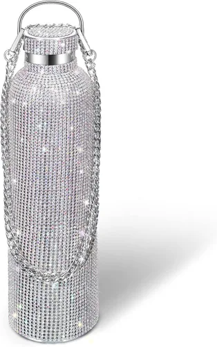 Miniatura 15 de Geiserailie Botella de agua con diamantes de imitación de acero inoxidable, térmica, recargable, aislada, con cadena, para mujeres y niñas
