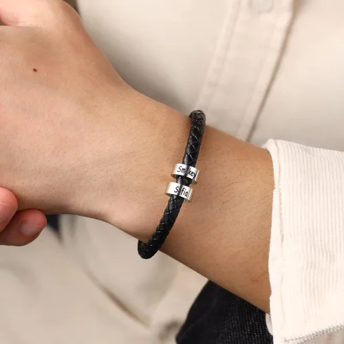 Miniatura 5 de Pulsera personalizada con nombres trenzados negros para hombre, hecha a medida con abalorios, joyería inspiradora familiar, regalo para papá, Cuero
