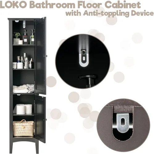 Miniatura 5 de LOKO Armario alto para baño, armario de almacenamiento multifuncional con puertas, torre estrecha de lino delgada para baño, sala de estar o cocina