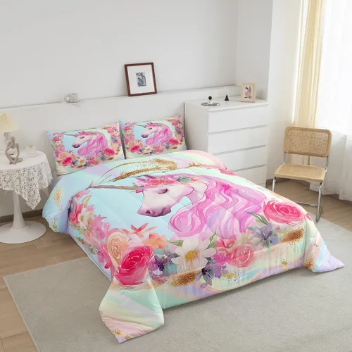 Miniatura 7 de Erosebridal Juego de ropa de cama de unicornio para niñas, tamaño individual, edredón de plumón kawaii para niñas, lindo juego de edredón de caballo