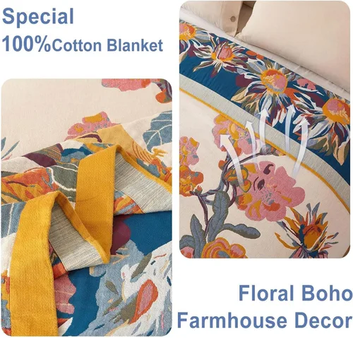 Miniatura 5 de Manta bohemia – Manta suave 100% algodón para cama, 50"x60", reversible, transpirable, ligera, para otoño, todas las estaciones, decoración de casa