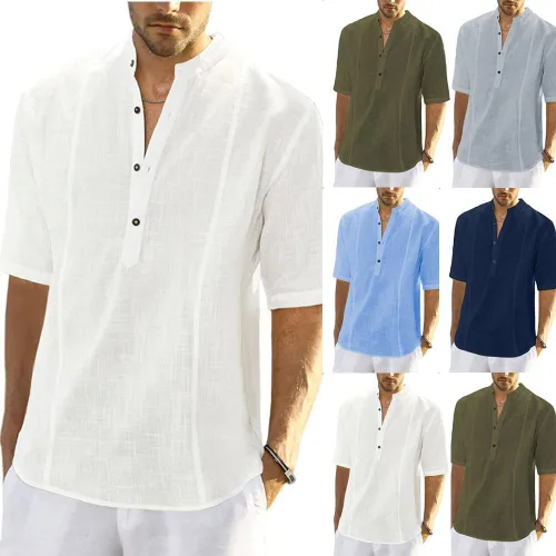 Miniatura 3 de Camisa básica cómoda de lino de manga corta para hombre, ligera, de color sólido, con botones