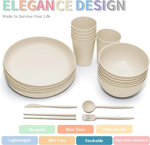Miniatura 4 de Juego de vajilla de paja de trigo -DAPIPIK 42 piezas de vajilla irrompible para 6, juego de platos y cuencos para la cocina, juego de platos, tazas