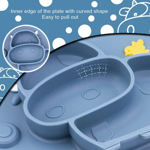 Miniatura 4 de Platos divididos de silicona para niños pequeños, platos portátiles antideslizantes con ventosa para niños, bebés y niños, sin BPA (azul oscuro)