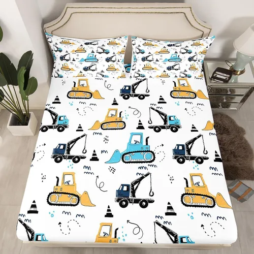 Juego de sábanas bajeras para niños con diseño de caricaturas para niños, equipamiento para camiones, sábana de cama, excavadora, tractor, blanco,