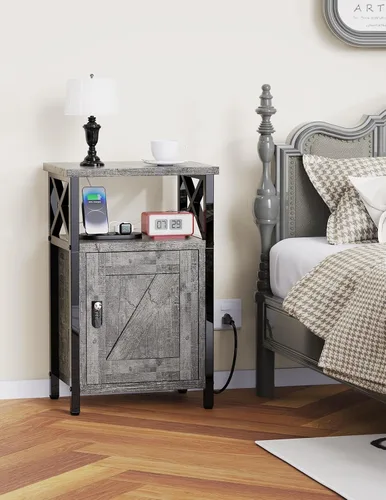 Miniatura 2 de runjuly Mesita de noche de madera con cerradura, mesa auxiliar de cama con cajones, mesita de noche con estación de carga, 3 USB y 2 tomas, mesita