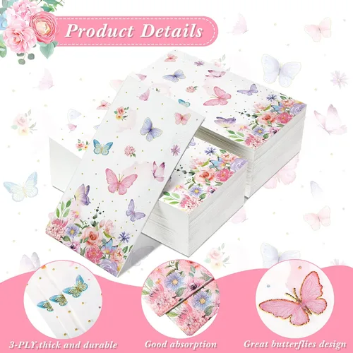 Miniatura 3 de 100 servilletas de mariposa rosa para fiestas, toallas de papel desechables coloridas para jardín, primavera, verano, flores y mariposas, toallas