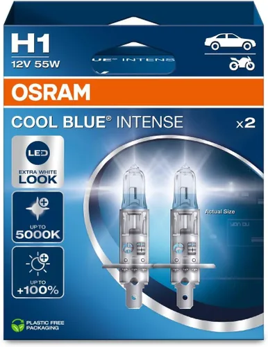 Miniatura 2 de Osram COOL BLUE INTENSE H1, +100% más brillo, hasta 5.000K, lámpara halógena para faros, aspecto LED, caja dúo (2 lámparas) 64150CBN-HCB