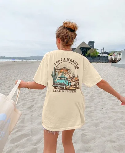 Miniatura 5 de Camiseta con texto en inglés "I Got A Heart Like A Truck" para mujer, camisetas de música country de Nashville, traje de concierto Western Sunset