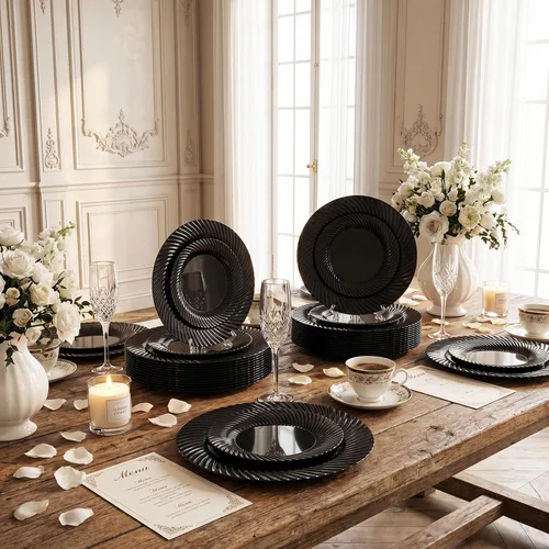 Miniatura 6 de WELLIFE 100Pcs Black Plastic Plates For Party, Black Disposable Plates Include 50 Dessert Plates and 50 Dinner Plates For Wedding, Birthday