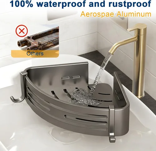 Miniatura 2 de Organizador de ducha esquinero, estantes de ducha adhesivos sin perforaciones con ganchos, organizador de ducha extraíble impermeable y resistente