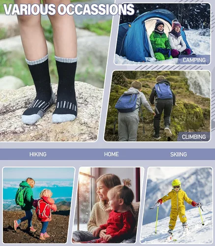 Miniatura 6 de Calcetines de senderismo de lana merino para niños y niñas, para invierno, cálidos, gruesos, térmicos, calcetines de regalo, 6 pares