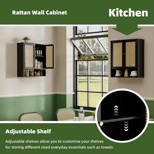Miniatura 4 de Armario de pared de baño, organizador de almacenamiento de bambú sobre el inodoro con 2 puertas de ratán y estante ajustable, gabinete de medicina