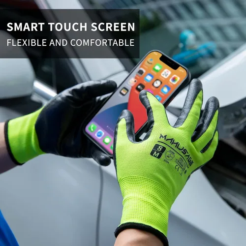 Miniatura 3 de MANUSAGE Guantes de trabajo de nitrilo, ajuste elástico cómodo 3D, agarre potente, pantalla táctil, revestimiento de espuma duradera, flexibles