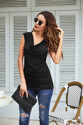 Miniatura 2 de Zeagoo - Camiseta sin mangas elástica de cuello holgado y fruncido, con drapeado lateral, para mujer